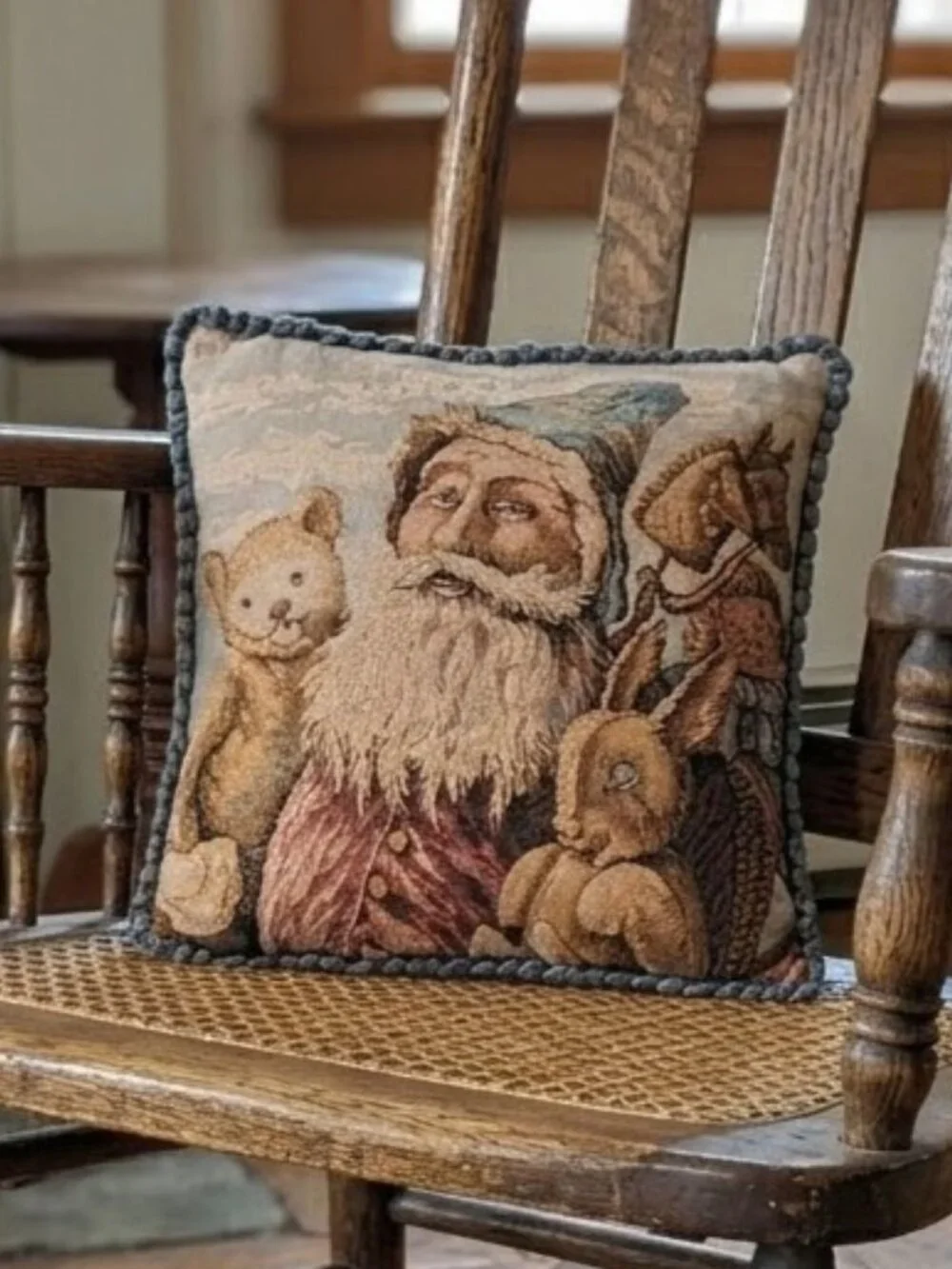 Vintage Tapestry Throw Pillow Santa Claus Old World Christmas Decor Folk Art Vtg